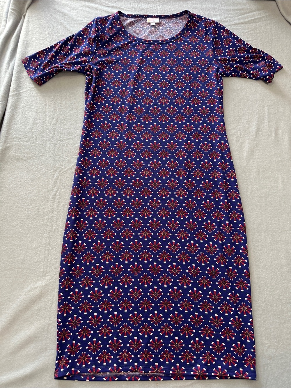 LuLaRoe Navy Midi Dress with Red and White Floral Geometric Print